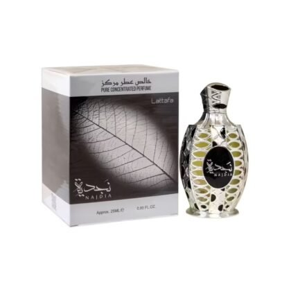 Najdia Puro Concentrado Lattafa Attar, perfume masculino con frescura cítrica, corazón especiado y base cálida envolvente.