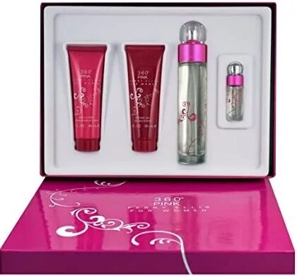 Estuche 360° Pink Perry Ellis Gift: perfume, miniatura, crema y gel en un set elegante.