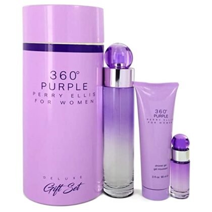 Estuche 360° Purple Perry Ellis Deluxe Gift: perfume, miniatura y gel en un set elegante.