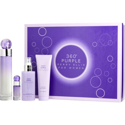 Estuche 360° Purple Perry Ellis Gift: perfume, miniatura, gel y splash en un set elegante.