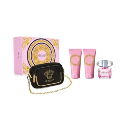 Estuche Versace Bright Crystal: perfume, morral, gel y crema en un set elegante.
