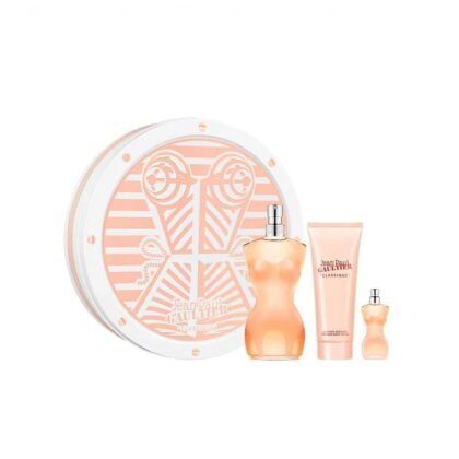 Estuche Jean Paul Gaultier Classique: perfume, miniatura y loción en un set elegante.