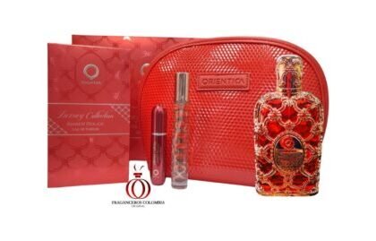 Estuche Orientica Amber Rouge: perfume, morral y perfumeros en un set elegante.