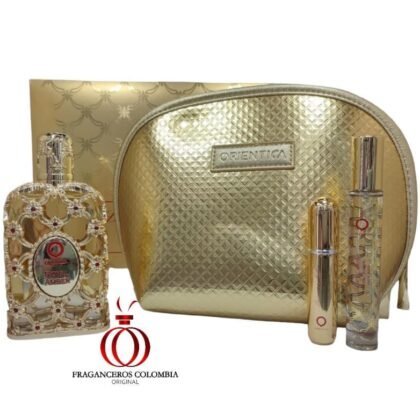 Estuche Orientica Royal Amber: perfume, morral y perfumeros en un set elegante.