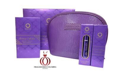 Estuche Orientica Velvet Gold: perfume, morral y perfumeros en un set elegante.