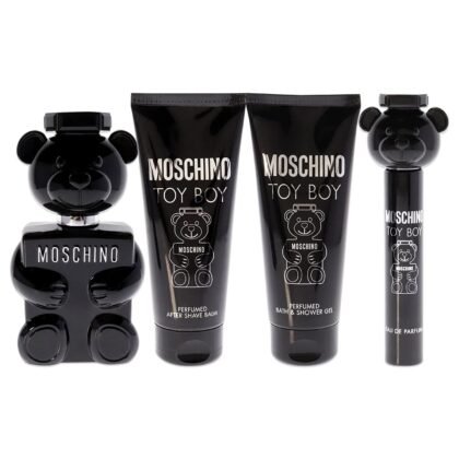 Estuche Moschino Toy Boy, set masculino con perfume, perfumero, gel de ducha y after shave.