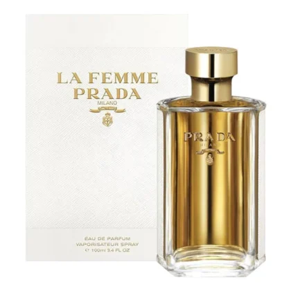 Prada La Femme, perfume femenino elegante con notas florales, vainilla y vetiver envolvente.