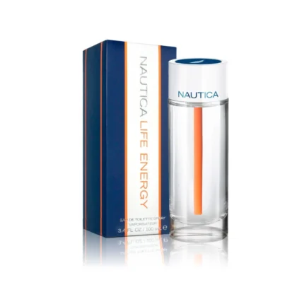 Perfume Nautica Life Energy, aroma masculino fresco y energético con notas cítricas, herbales y cálidas.