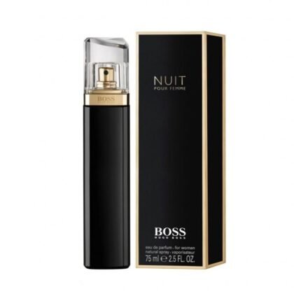 Hugo Boss Nuit Pour Femme, perfume femenino con durazno, jazmín y sándalo, símbolo de elegancia nocturna.