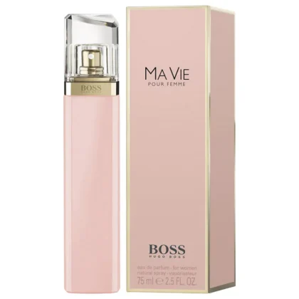 Hugo Boss Ma Vie Pour Femme, perfume femenino con cactus, rosa y cedro, símbolo de elegancia moderna.