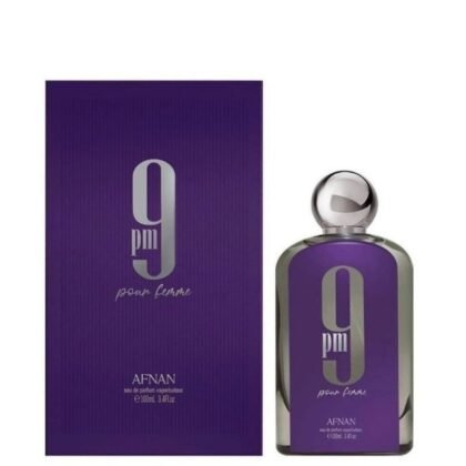 Afnan 9PM Pour Femme, perfume femenino con frescura frutal, corazón floral y base cálida sensual.