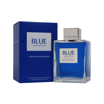Perfume Blue Seduction: frescura acuática y elegancia mediterránea en un frasco azul cristalino.