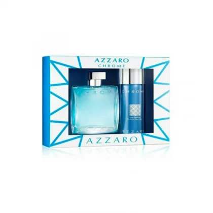 Estuche Azzaro Chrome, set masculino con fragancia cítrica, floral y base amaderada elegante.