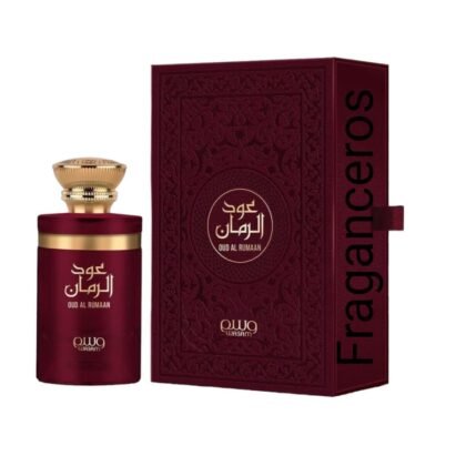Lattafa Oud Al Rumaan Wasam, perfume árabe con notas frutales, florales y base de oud elegante.