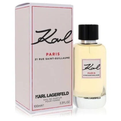 Karl Paris 21 Rue Saint-Guillaume de Karl Lagerfeld, aroma fresco y elegante con pomelo, salvia y vetiver. Estilo parisino con carácter.