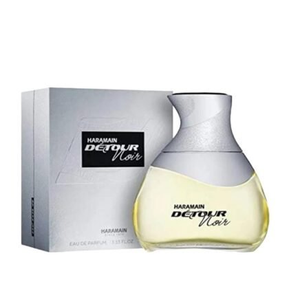 Détour Noir de Al Haramain, perfume masculino con notas aromáticas, especiadas y cálidas de ámbar y pachulí.