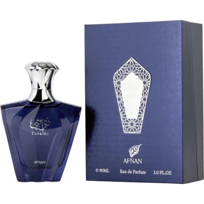 Descubre Turathi Blue de Afnan, fragancia masculina con notas cítricas, corazón aromático y fondo amaderado. Frescura, elegancia y seducción en cada momento.