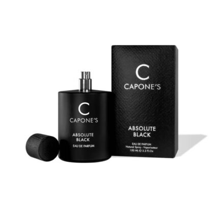 Capones Absolute Black: bergamota, cedro y vainilla en una fragancia masculina fresca, elegante y envolvente.