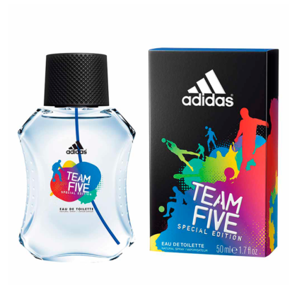 Team Five de Adidas: manzana verde, lavanda y ámbar en una fragancia fresca, deportiva y masculina.