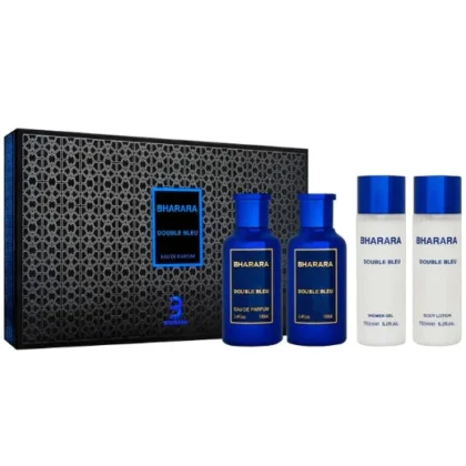 Double Bleu de Bharara, frescura frutal y calidez amaderada para un hombre moderno, elegante y seguro de sí mismo.