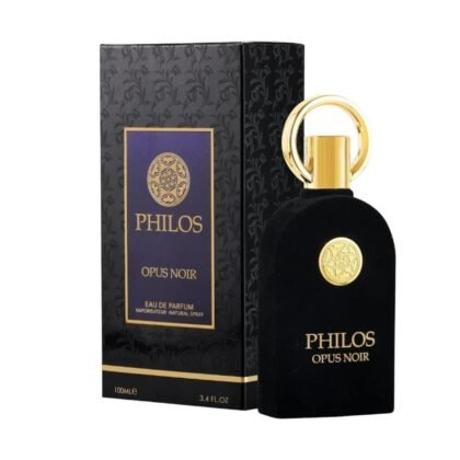 Maison Alhambra Philos Opus Noir: frutas, cuero y vainilla en una fragancia intensa, elegante y versátil para hombres y mujeres.