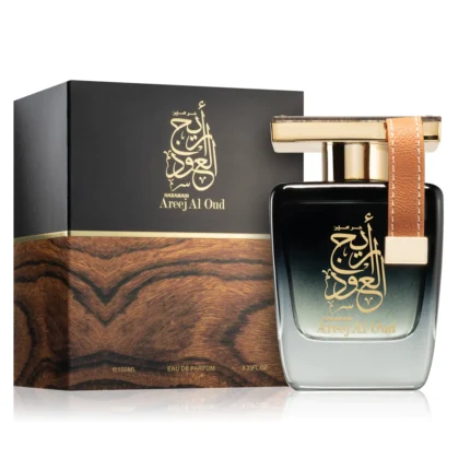 Areej Al Oud de Al Haramain, fragancia unisex con azafrán, pachulí y sándalo. Intensa y sofisticada.