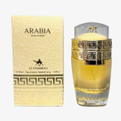 Descubre Arabia Pour Femme Le Chameau, una fragancia femenina oriental con rosa, frambuesa y fondo cálido de ámbar y almizcle.