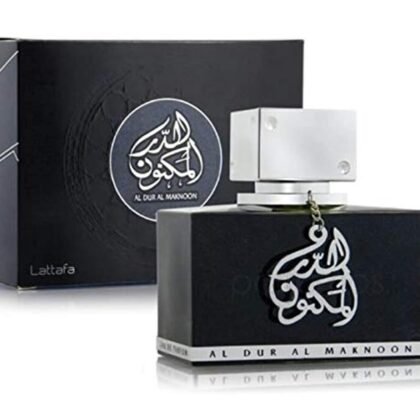Al Dur Al Maknoon Silver de Lattafa, fragancia unisex con piña, abedul y cuero. Intensa y sofisticada.