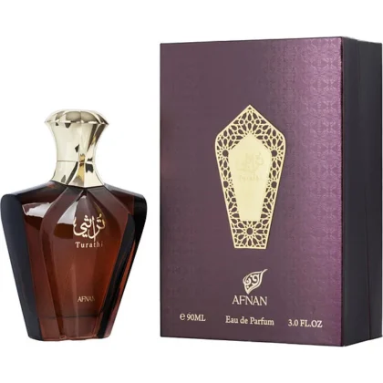 Turathi Brown de Afnan: ámbar, vainilla y rosa en una fragancia oriental cálida y elegante para destacar con estilo.