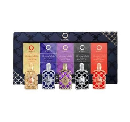 Set de miniaturas de Orientica x 7.5ml cada uno, cinco perfumes unisex de lujo para descubrir, regalar o llevar contigo. Elegancia en formato compacto.