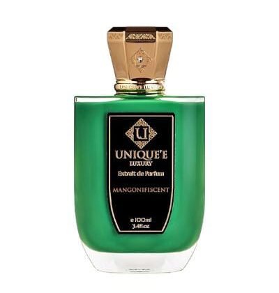 Mangonifiscent de Unique'e Luxury: mango, jazmín y vainilla en una fragancia tropical, sensual y lujosa que deja una estela inolvidable.