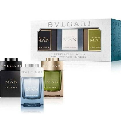 Descubre el Estuche Bvlgari Man Miniaturas 3 Piezas con tres EDP de 15ML: In Black, Glacial Essence y Wood Neroli. Elegancia en cada nota.