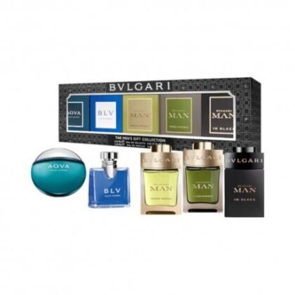 Estuche Bvlgari Miniaturas: 5 fragancias masculinas en formato 5ML. Elegancia, variedad y lujo en cada gota.