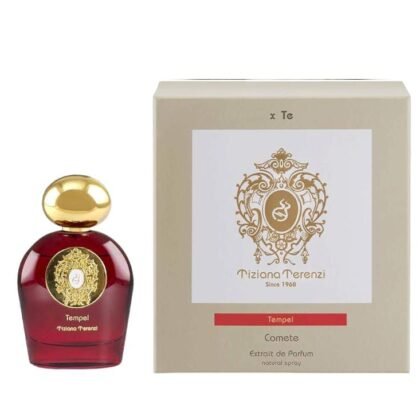 Tempel Comete de Tiziana Terenzi: aroma ambarado y cósmico con rosa, oud y cuero. Intensidad estelar y elegancia profunda.