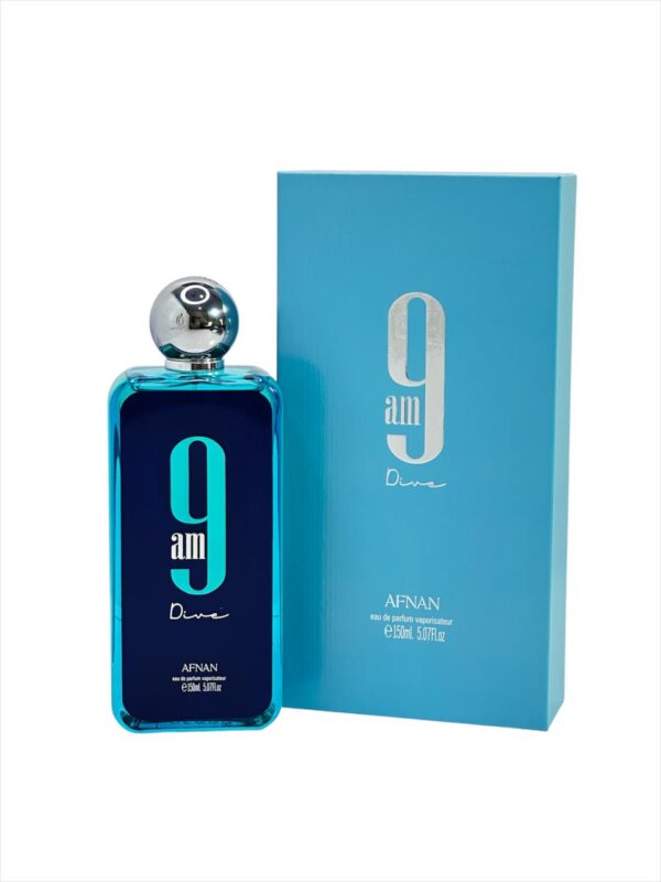 Afnan 9AM Dive 150ml: fragancia cítrica y acuática con manzana e incienso. Ideal para días cálidos y personas con energía vibrante.