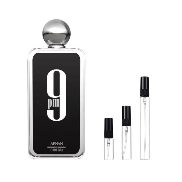 Decants Afnan 9pm 3ml, 5ml y 10ml: notas cautivadoras y esencia masculina para conquistar la noche con elegancia y misterio.