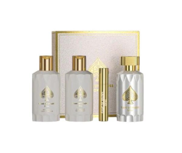 Estuche Game Of Spades Opal: perfume, limpiador, crema y atomizador. Cuatro piezas para un ritual de lujo y sofisticación