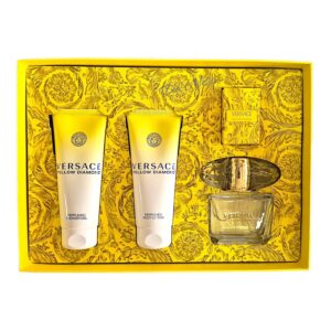 Estuche Versace yellow Diamond: frescura floral con limón, mimosa y almizcle. Un estuche radiante para mujeres que brillan con elegancia.