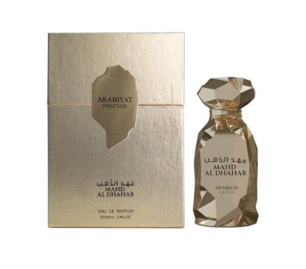 Arabiyat Prestige Mahd Al Dhahab: oud, rosa y ámbar en una fragancia intensa y dorada que envuelve con lujo y misterio.