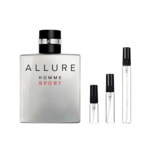 Decants Chanel Allure Homme Sport: frescura cítrica, corazón especiado y fondo sensual. Energía masculina con elegancia duradera.