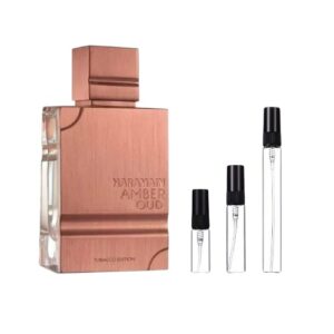 Decants Al Haramain Amber Oud Tobacco Edition: tabaco, vainilla e incienso en una fragancia intensa, cálida y sofisticada. ¡Descúbrela