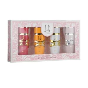 Estuche Mini Lattafa Yara: 4 perfumes femeninos de 25 ml con aromas florales, dulces y románticos. Versatilidad y elegancia en cada frasco.