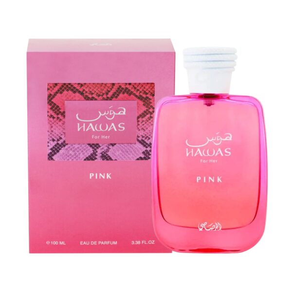 Hawas Pink: dulzura floral con fondo gourmand. Neroli, tuberosa y vainilla para una mujer audaz, elegante y memorable.