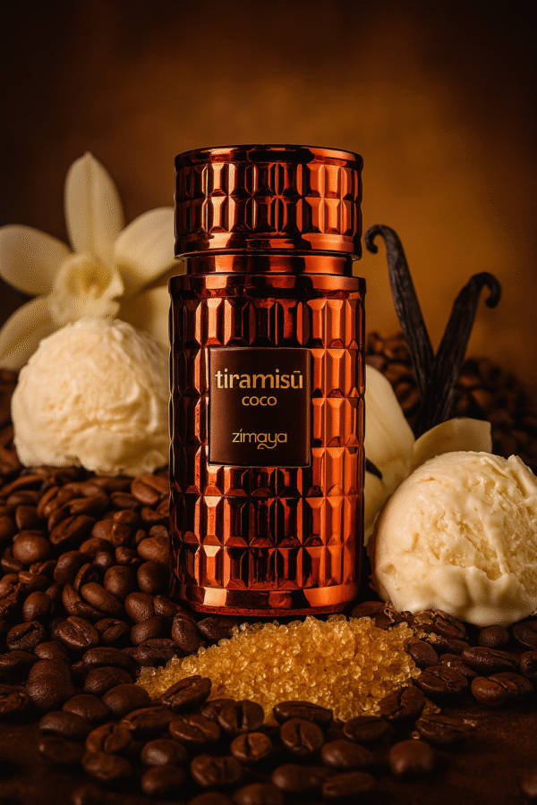 Zimaya Tiramisu Coco: café, helado y vainilla en una fragancia dulce, cálida y adictiva. El postre perfecto en forma de perfume.