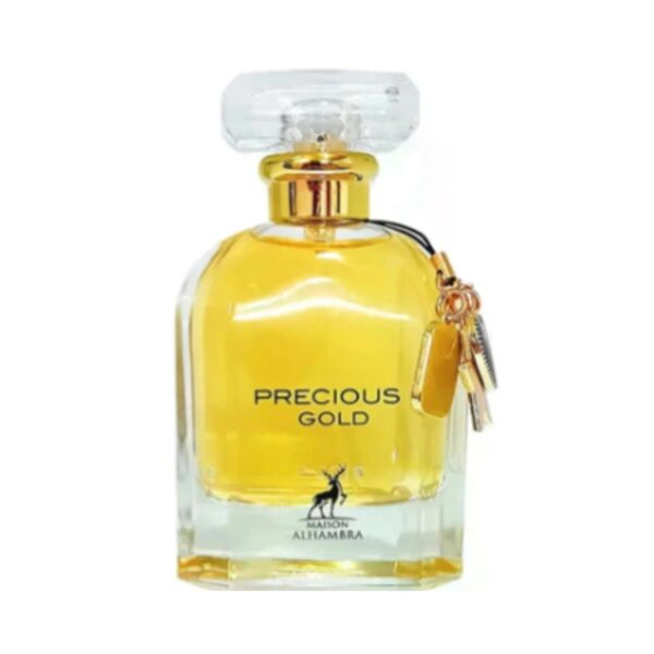 Maison Alhambra Precious Gold: jazmín, almendra y sándalo en una fragancia floral-amaderada que irradia elegancia y sensualidad.