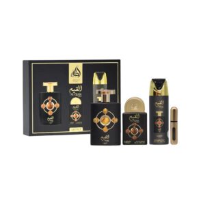 Estuche Lattafa Al Qiam Gold: oud, cuero y frambuesa en una fragancia oriental unisex. Misterio, lujo y carácter en cada nota