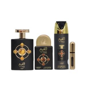 Estuche Lattafa Al Qiam Gold: oud, cuero y frambuesa en una fragancia oriental unisex. Misterio, lujo y carácter en cada nota