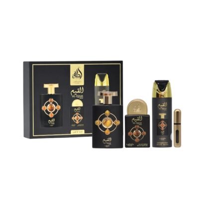 Estuche Lattafa Al Qiam Gold: oud, cuero y frambuesa en una fragancia oriental unisex. Misterio, lujo y carácter en cada nota