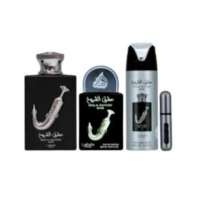 Estuche Lattafa Ishq Al Shuyukh Silver: aroma cítrico-amaderado en 4 piezas. Frescura, elegancia y duración para el hombre moderno.
