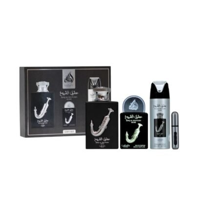 Estuche Lattafa Ishq Al Shuyukh Silver: aroma cítrico-amaderado en 4 piezas. Frescura, elegancia y duración para el hombre moderno.